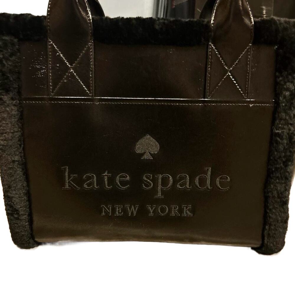 Kate Spade New York Faux Shearling Trim Black Tote Zip Double Handles Women
